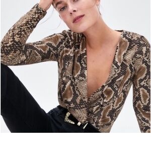 Zara deep v plunging snakeskin bodysuit